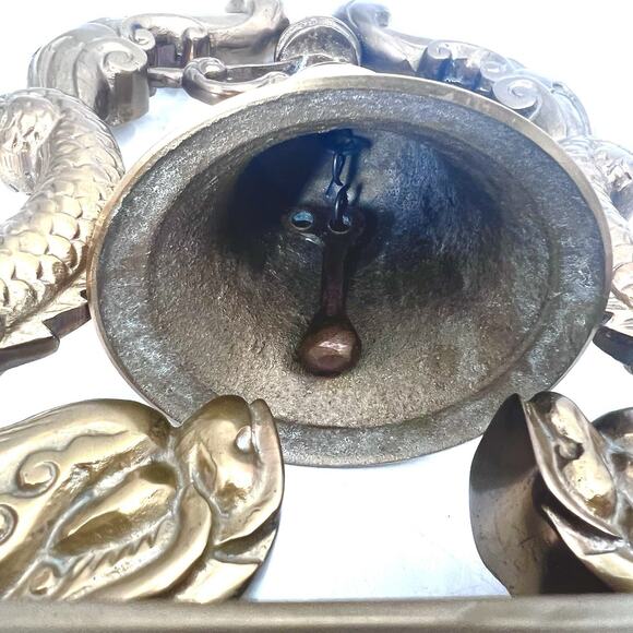 Vintage Large Ornate Brass Dolphin Koi Fish Ship Bell Nautical Decor - Picture 10 of 11